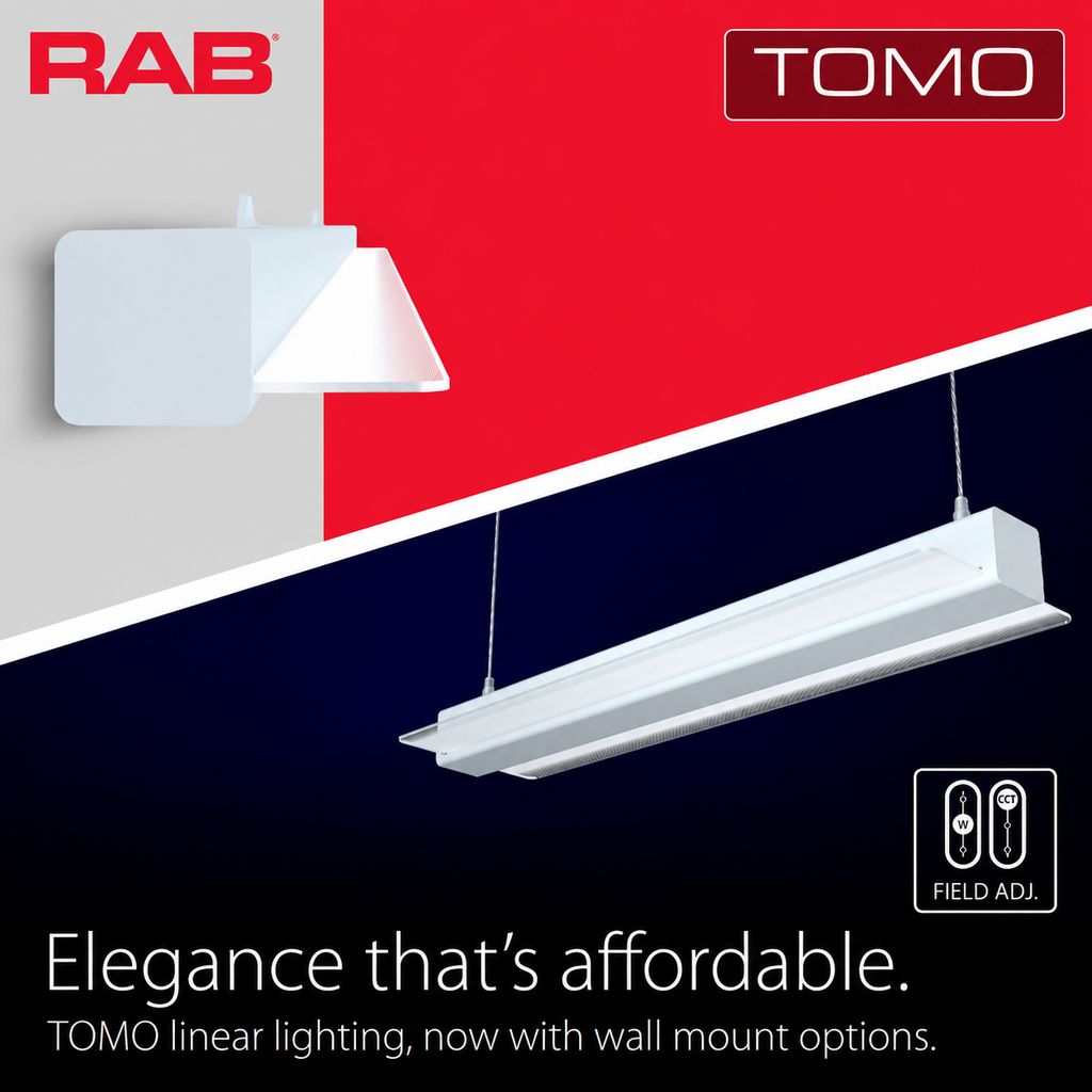 RAB TOMO architectural linear light with suspended and wall mount installation options featuring selectable wattage and color temperature