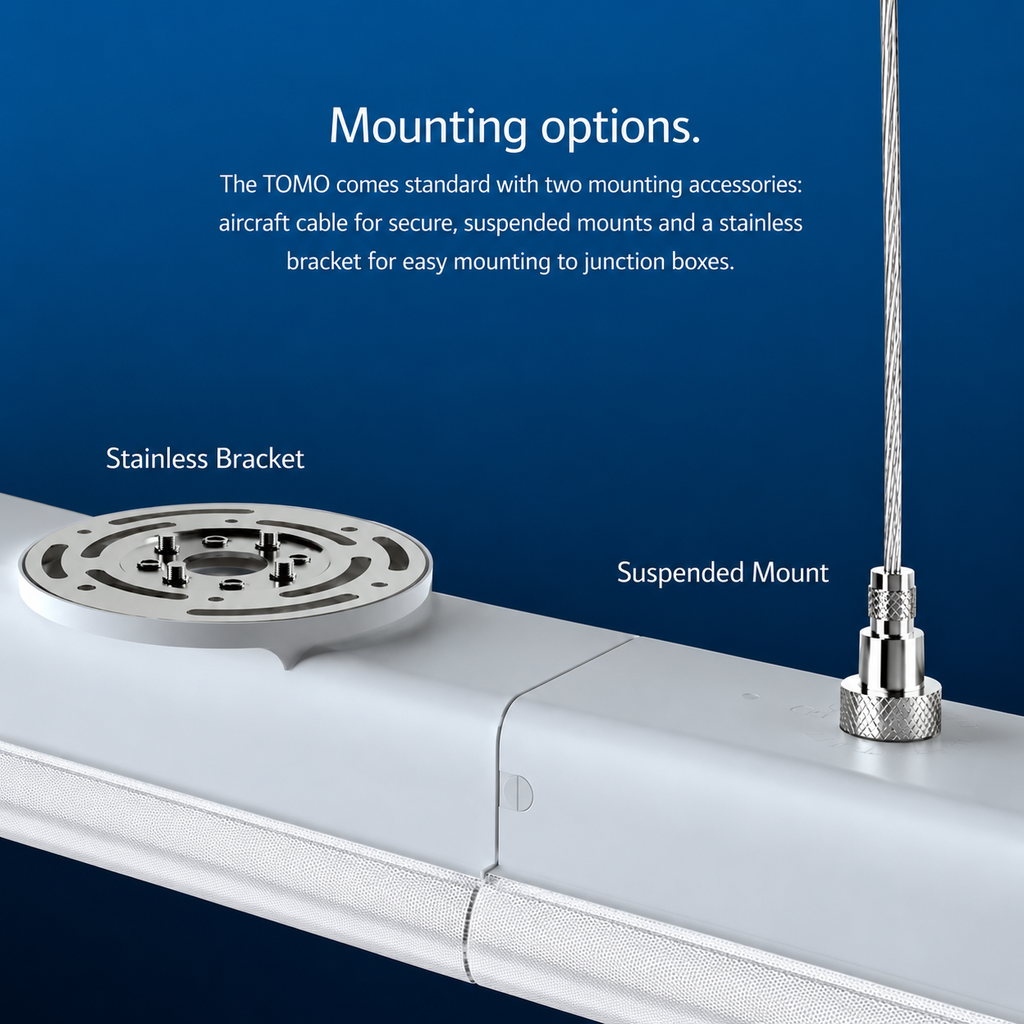 RAB TOMO architectural linear light mounting accessories including stainless steel bracket and aircraft cable suspension kit