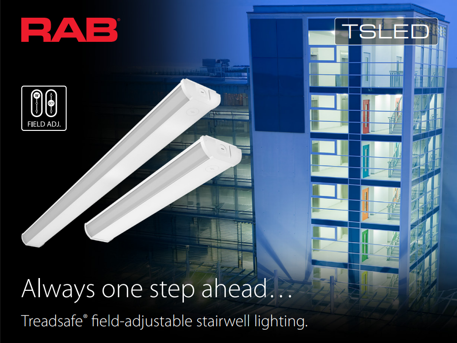 RAB TSLED4/US/E TSLED LED Stairwell Light – Selectable 30W/40W/50W – 3000K/4000K/5000K – 4297-6892 Lumens – 120-277V – Ultrasonic Sensor – Emergency Battery Backup – White Finish