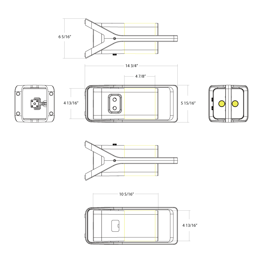 Dimension drawing of the RAB TUFFYXL TUFFY XL Rechargeable Temporary Work Light – 32W – 5000K – 360° Illumination – 800-4000 Lumensshowing fixture dimensions and mounting measurements.