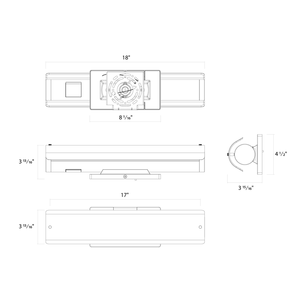Dimension drawing of the RAB V1-18 RADIANCE Vanity Light – 18" – Selectable 3-Wattage & 5-CCT – 1000-1800 Lumens – 120V – Dimmable – Brushed Nickel Finishshowing fixture dimensions and mounting measurements.