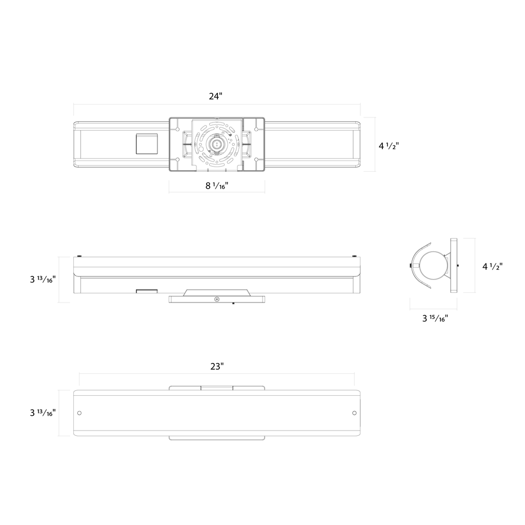 Dimension drawing of the RAB V1-24B RADIANCE Vanity Light – 24" – Selectable 3-Wattage & 5-CCT – 1200-2300 Lumens – 120V – Dimmable – Black Finishshowing fixture dimensions and mounting measurements.