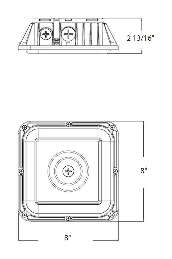 Dimension drawing of the RAB VAN17-30 VAN17 Field-Adjustable LED Canopy Light – 20W/25W/30W Selectable – 3000K/4000K/5000K Selectable – 2883-4453 Lumens – 120-277V – Integrated Photocell – Bronze Finishshowing fixture dimensions and mounting measurements.