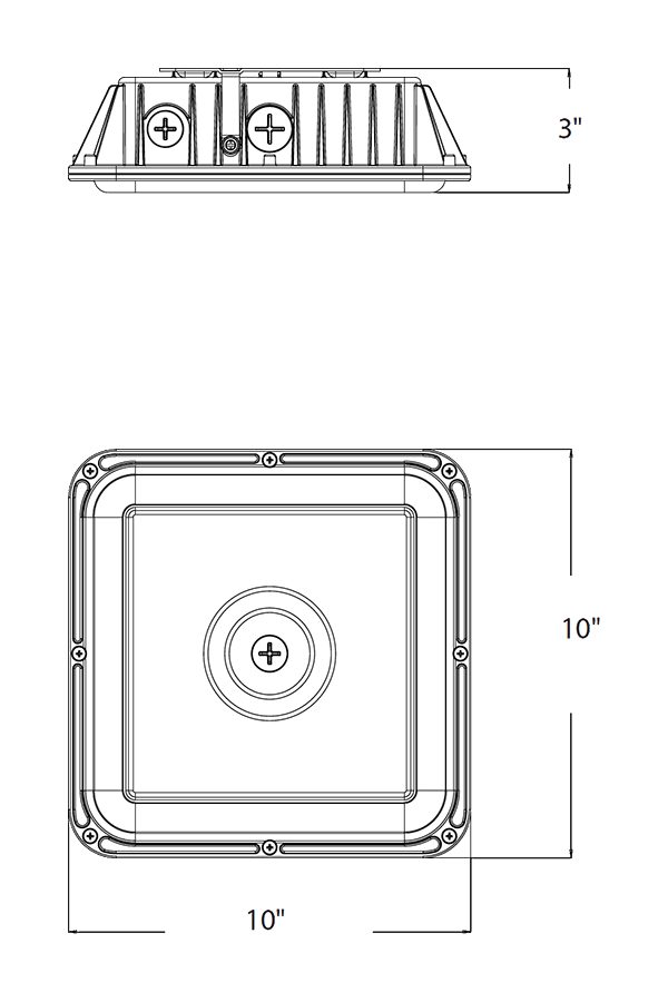 Dimension drawing of the RAB VAN17-90/E VAN17 Field-Adjustable LED Canopy Light – 70W/80W/90W Selectable – 3000K/4000K/5000K Selectable – 9726-12929 Lumens – 120-277V – Integrated Photocell – Emergency Battery Backup – Bronze Finishshowing fixture dimensions and mounting measurements.