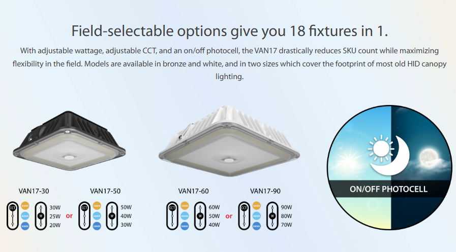 RAB VAN17-30 VAN17 Field-Adjustable LED Canopy Light – 20W/25W/30W Selectable – 3000K/4000K/5000K Selectable – 2883-4453 Lumens – 120-277V – Integrated Photocell – Bronze Finish