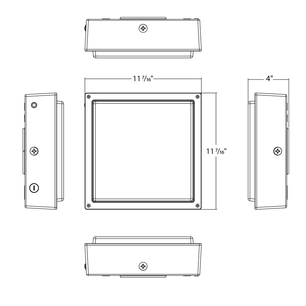 Dimension drawing of the RAB VAN34-90/MVS VAN34 Vandal Resistant LED Canopy Light – 70W-90W Selectable – 3000K/4000K/5000K Selectable – 10077-13588 Lumens – 120-277V – Drop Clear Lens – Multi-Level Motion Sensor – Bronze Finishshowing fixture dimensions and mounting measurements.