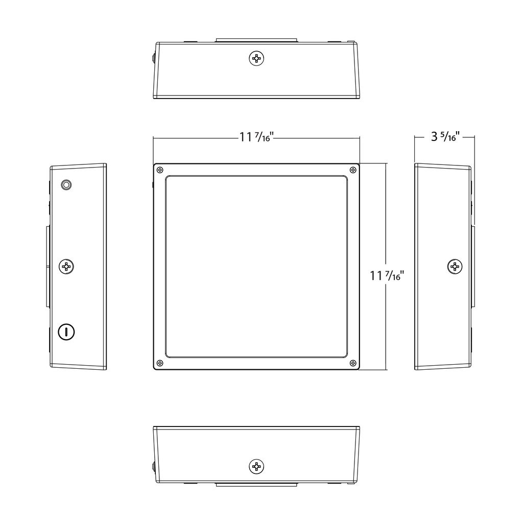 Dimension drawing of the RAB VAN34-90F/MVS/E VAN34 Vandal Resistant LED Canopy Light – 70W-90W Selectable – 3000K/4000K/5000K Selectable – 10077-13588 Lumens – 120-277V – Flat Clear Lens – Multi-Level Motion Sensor – Emergency Battery Backup – Bronze Finishshowing fixture dimensions and mounting measurements.