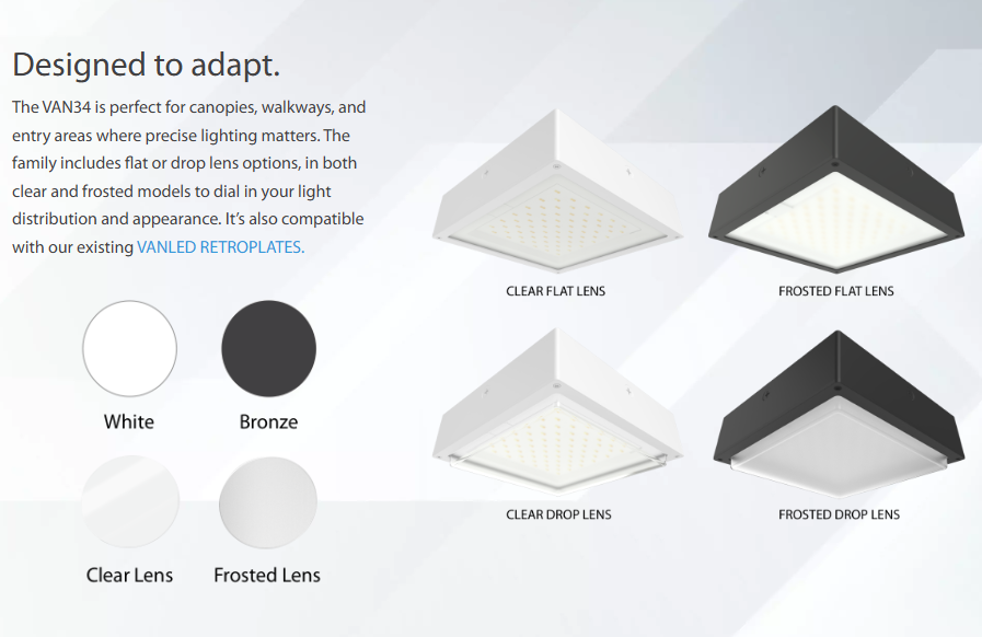 RAB VAN34-30FR VAN34 Vandal Resistant LED Canopy Light – 10W-30W Selectable – 3000K/4000K/5000K Selectable – 1584-4588 Lumens – 120-277V – Drop Frosted Lens – Bronze Finish