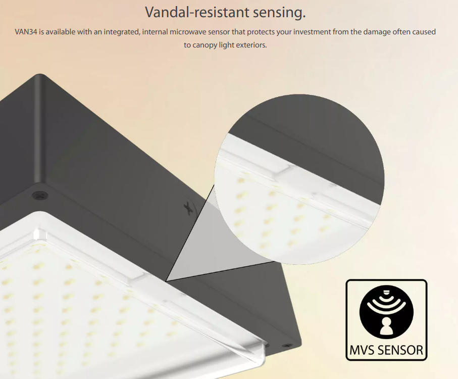 RAB VAN34-30FR VAN34 Vandal Resistant LED Canopy Light – 10W-30W Selectable – 3000K/4000K/5000K Selectable – 1584-4588 Lumens – 120-277V – Drop Frosted Lens – Bronze Finish