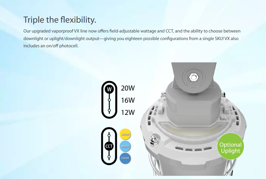 RAB VX20 VX Vaporproof Light – Selectable 12W/16W/20W – Selectable 3000K/4000K/5000K – 1405-2421 Lumens – 120-277V – Selectable Downlight or Up/Down Light – Integrated Photocell – Gray Finish