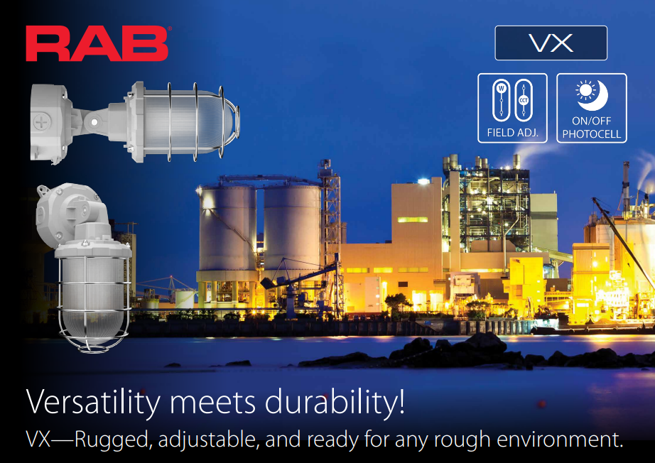 RAB VX20 VX Vaporproof Light – Selectable 12W/16W/20W – Selectable 3000K/4000K/5000K – 1405-2421 Lumens – 120-277V – Selectable Downlight or Up/Down Light – Integrated Photocell – Gray Finish