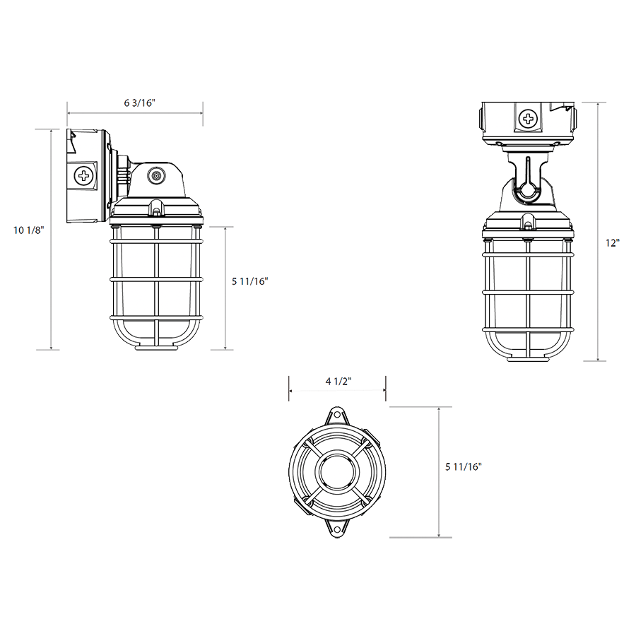 Dimension drawing of the RAB VXRGB26 VX RGB Vaporproof Light – Selectable 12W/18W/26W – RGB + 5000K Selectable – 268-3151 Lumens – 120-277V – Up/Down Light Output – Integrated Photocell – Natural Aluminum Finishshowing fixture dimensions and mounting measurements.