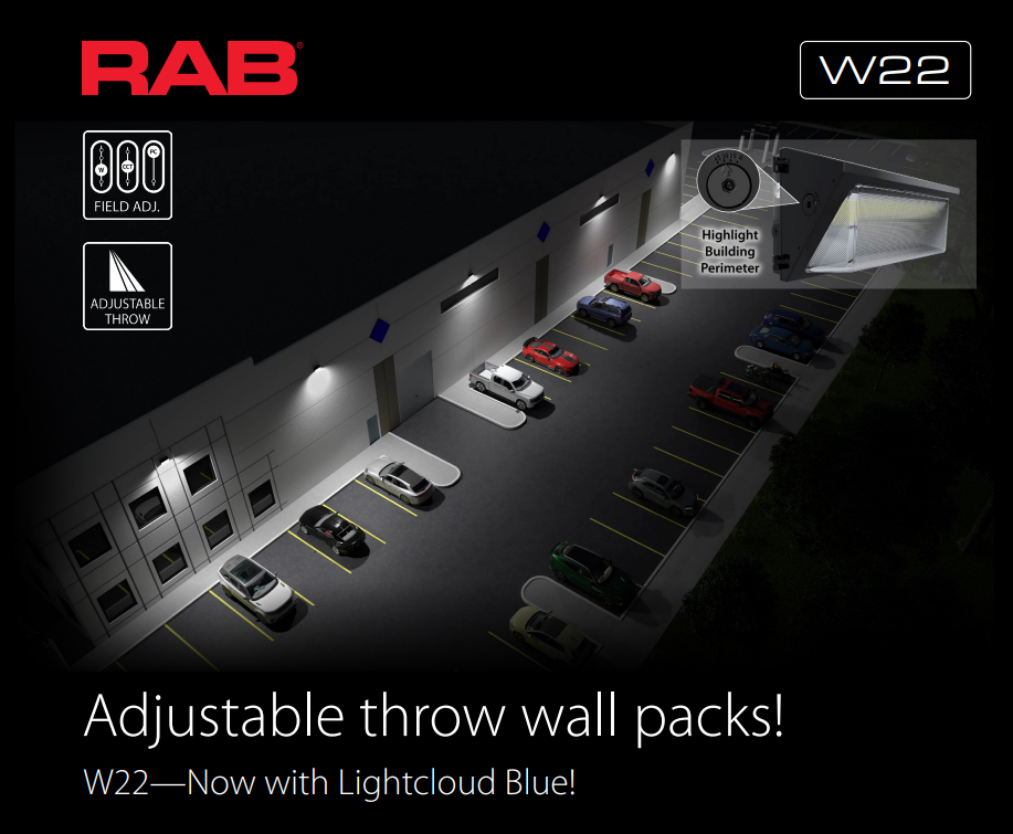 RAB W22-M-100W/E W22 Field-Adjustable Wall Pack – Medium – Selectable 50W/70W/85W/100W – Selectable 3000K/4000K/5000K – 6170-14087 Lumens – 120-277V – Emergency Battery Backup – Adjustable Optics – White Finish