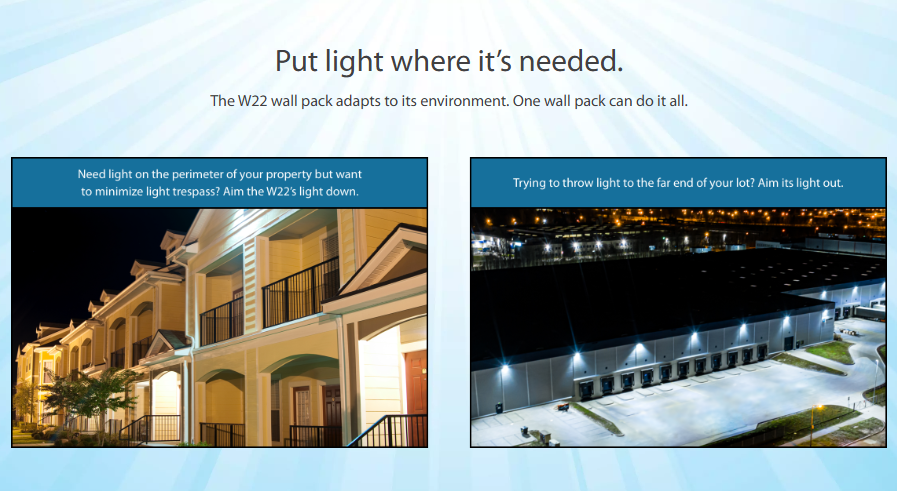 RAB W22-L-150 W22 Field-Adjustable Wall Pack – Large – Selectable 75W/100W/125W/150W – Selectable 3000K/4000K/5000K – 10103-20920 Lumens – 120-277V – Adjustable Optics – Bronze Finish