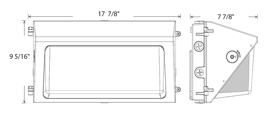 Dimension drawing of the RAB W22-L-150/E W22 Field-Adjustable Wall Pack – Large – Selectable 75W/100W/125W/150W – Selectable 3000K/4000K/5000K – 10103-20920 Lumens – 120-277V – Emergency Battery Backup – Adjustable Optics – Bronze Finishshowing fixture dimensions and mounting measurements.