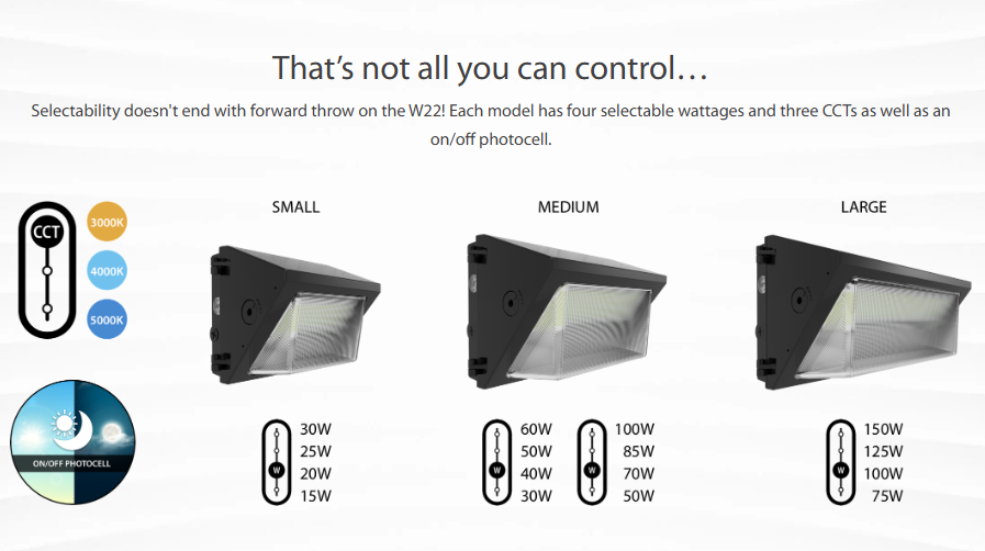 RAB W22-L-150 W22 Field-Adjustable Wall Pack – Large – Selectable 75W/100W/125W/150W – Selectable 3000K/4000K/5000K – 10103-20920 Lumens – 120-277V – Adjustable Optics – Bronze Finish