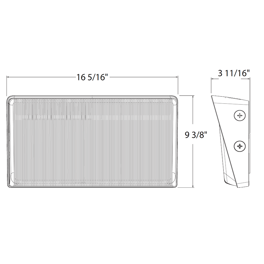 Dimension drawing of the RAB W34L W34 Field-Adjustable Wall Pack – Large – Selectable 75W/100W/150W – Selectable 3000K/4000K/5000K – 11480-21852 Lumens – 120-277V – Junction Box Mount – Bronze Finishshowing fixture dimensions and mounting measurements.