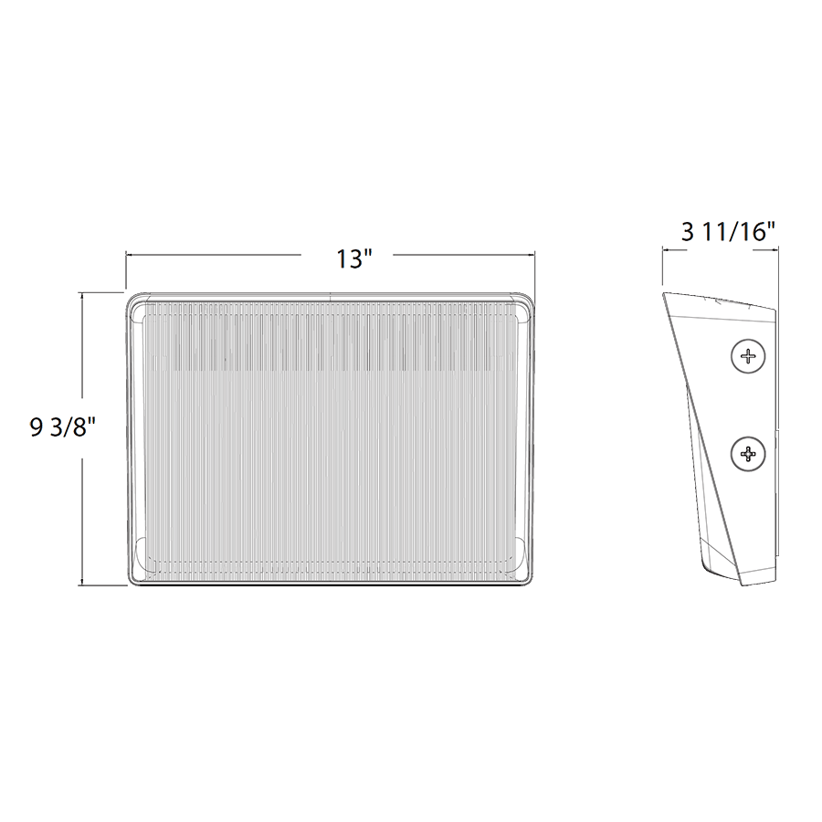 Dimension drawing of the RAB W34M W34 Field-Adjustable Wall Pack – Medium – Selectable 40W/60W/80W – Selectable 3000K/4000K/5000K – 6174-12495 Lumens – 120-277V – Junction Box Mount – Bronze Finishshowing fixture dimensions and mounting measurements.