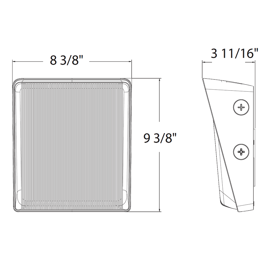 Dimension drawing of the RAB W34S W34 Field-Adjustable Wall Pack – Small – Selectable 17W/25W/35W – Selectable 3000K/4000K/5000K – 2728-5574 Lumens – 120-277V – Junction Box Mount – Bronze Finishshowing fixture dimensions and mounting measurements.