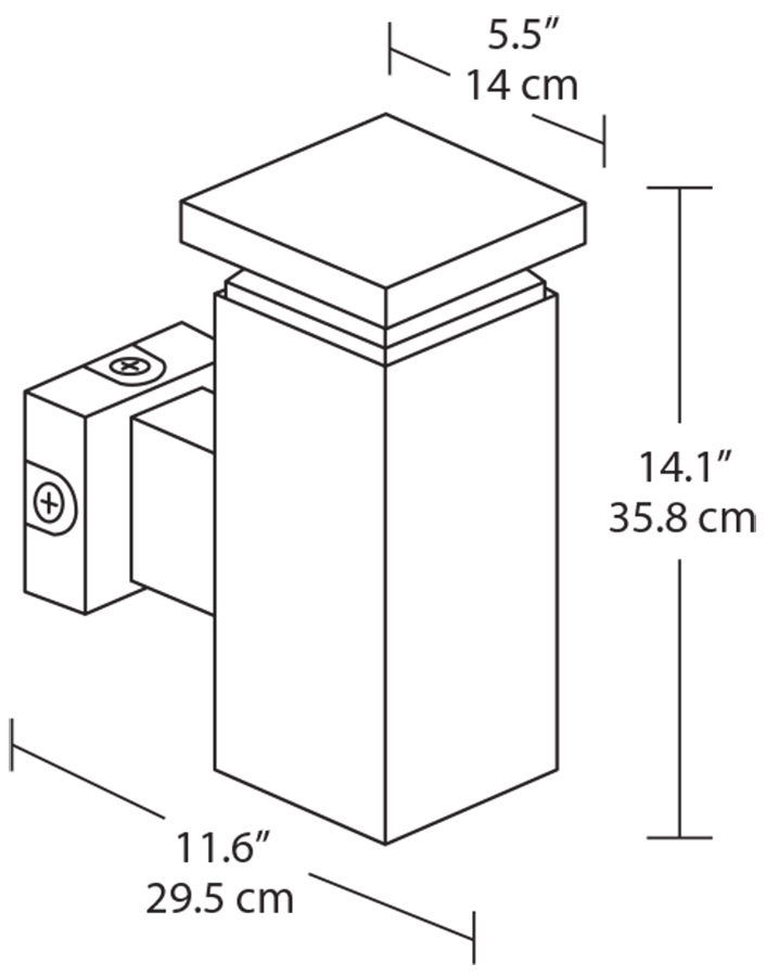 Dimension drawing of the RAB WBLED18/PCS WBLED Square Architectural LED Wall Sconce – 18W – 5000K – 2149 Lumens – 120-277V – Photocell Sensor – Bronze Finishshowing fixture dimensions and mounting measurements.
