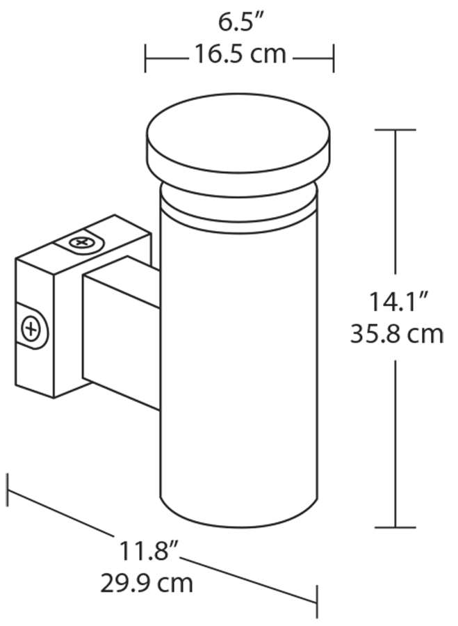 Dimension drawing of the RAB WBLEDR18Y/PCS2 WBLED Round Architectural LED Wall Sconce – 18W – 3000K – 1886 Lumens – 277V Photocell Sensor – Bronze Finishshowing fixture dimensions and mounting measurements.
