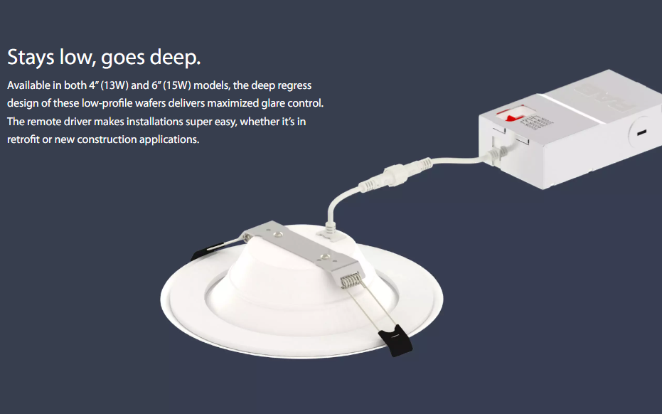 RAB WFD6B WFD6 6in Regressed Wafer Recessed Light – 15W – 1500 Lumens – 2700K–5000K – 120V – Baffle Trim – White Finish – 90+ CRI