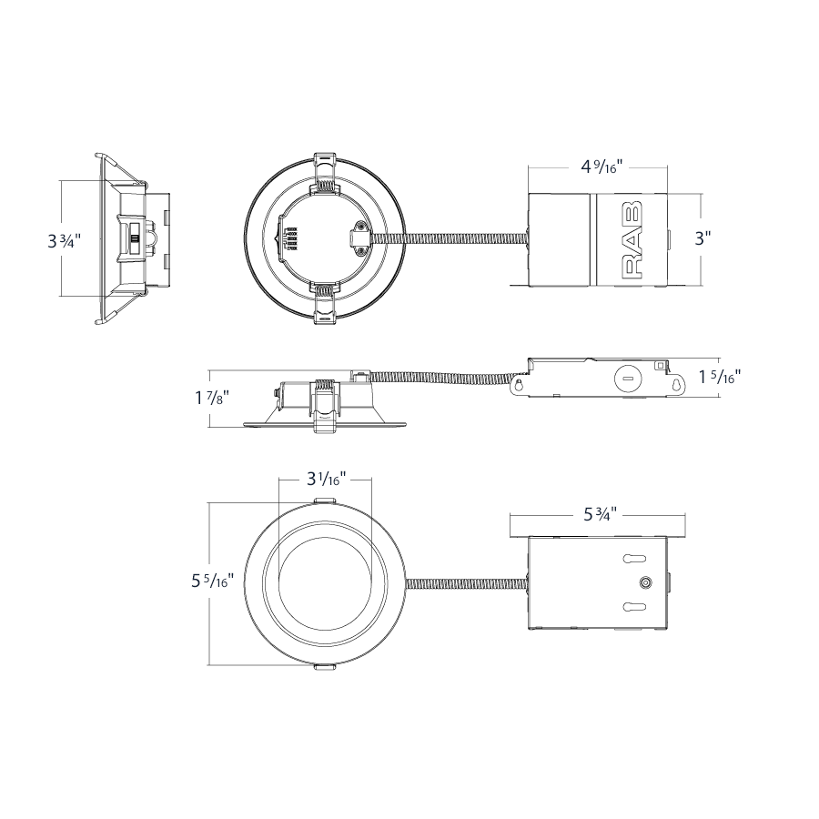 Dimension drawing of the RAB WFD34-4/BP WFD34 4in Regressed Wafer Recessed Light – 7W – 650 Lumens – 2700K–5000K – 120V – Round – Smooth Trim – 90+ CRI – 12 Packshowing fixture dimensions and mounting measurements.