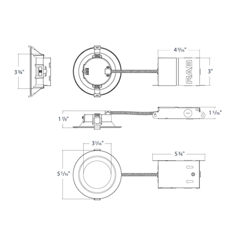 Dimension drawing of the RAB WFD34-4/BP WFD34 4in Regressed Wafer Recessed Light – 7W – 650 Lumens – 2700K–5000K – 120V – Round – Smooth Trim – 90+ CRI – 12 Packshowing fixture dimensions and mounting measurements.