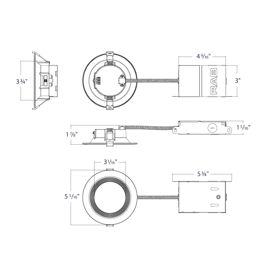 Dimension drawing of the RAB WFD34-4B/BP WFD34 4in Regressed Wafer Recessed Light – 7W – 650 Lumens – 2700K–5000K – 120V – Round – Baffle Trim – 90+ CRI – 12 Packshowing fixture dimensions and mounting measurements.