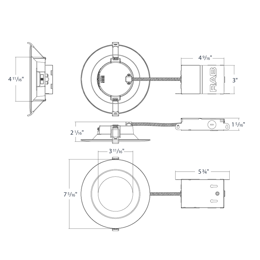 Dimension drawing of the RAB WFD34-6/BP WFD34 6in Regressed Wafer Recessed Light – 9.5W – 900 Lumens – 2700K–5000K – 120V – Round – Smooth Trim – 90+ CRI – 12 Packshowing fixture dimensions and mounting measurements.
