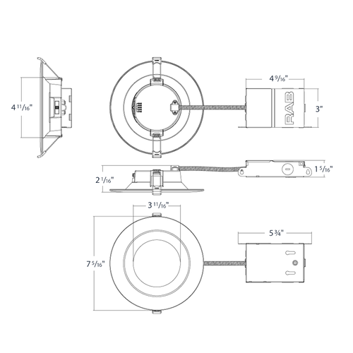 Dimension drawing of the RAB WFD34-6/BP WFD34 6in Regressed Wafer Recessed Light – 9.5W – 900 Lumens – 2700K–5000K – 120V – Round – Smooth Trim – 90+ CRI – 12 Packshowing fixture dimensions and mounting measurements.