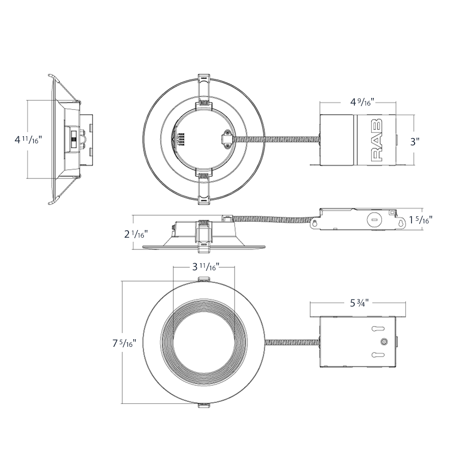 Dimension drawing of the RAB WFD34-6B/BP WFD34 6in Regressed Wafer Recessed Light – 9.5W – 900 Lumens – 2700K–5000K – 120V – Round – Baffle Trim – 90+ CRI – 12 Packshowing fixture dimensions and mounting measurements.