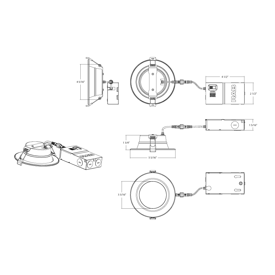 Dimension drawing of the RAB WFD4 WFD4 4in Regressed Wafer Recessed Light – 13W – 1200 Lumens – 2700K–5000K – 120V – Smooth Trim – White Finish – 90+ CRIshowing fixture dimensions and mounting measurements.