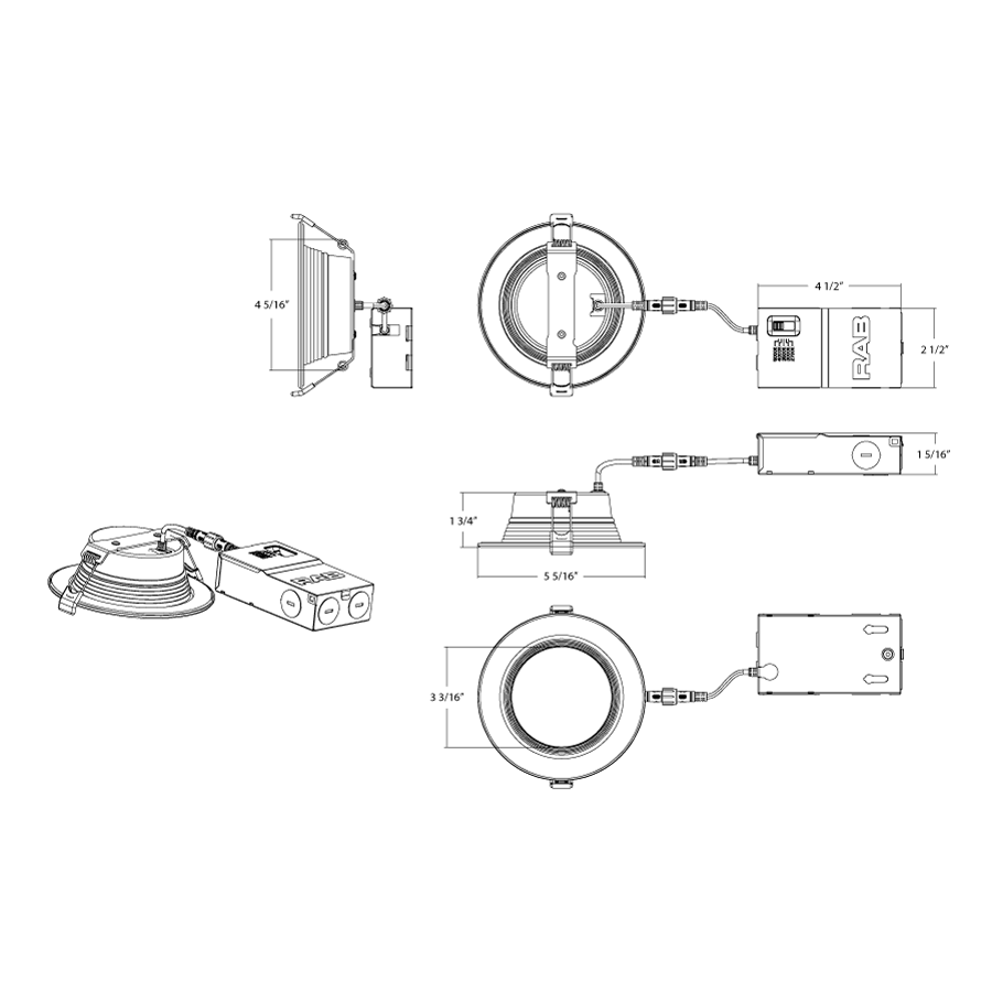 Dimension drawing of the RAB WFD4B WFD4 4in Regressed Wafer Recessed Light – 13W – 1200 Lumens – 2700K–5000K – 120V – Baffle Trim – White Finish – 90+ CRIshowing fixture dimensions and mounting measurements.