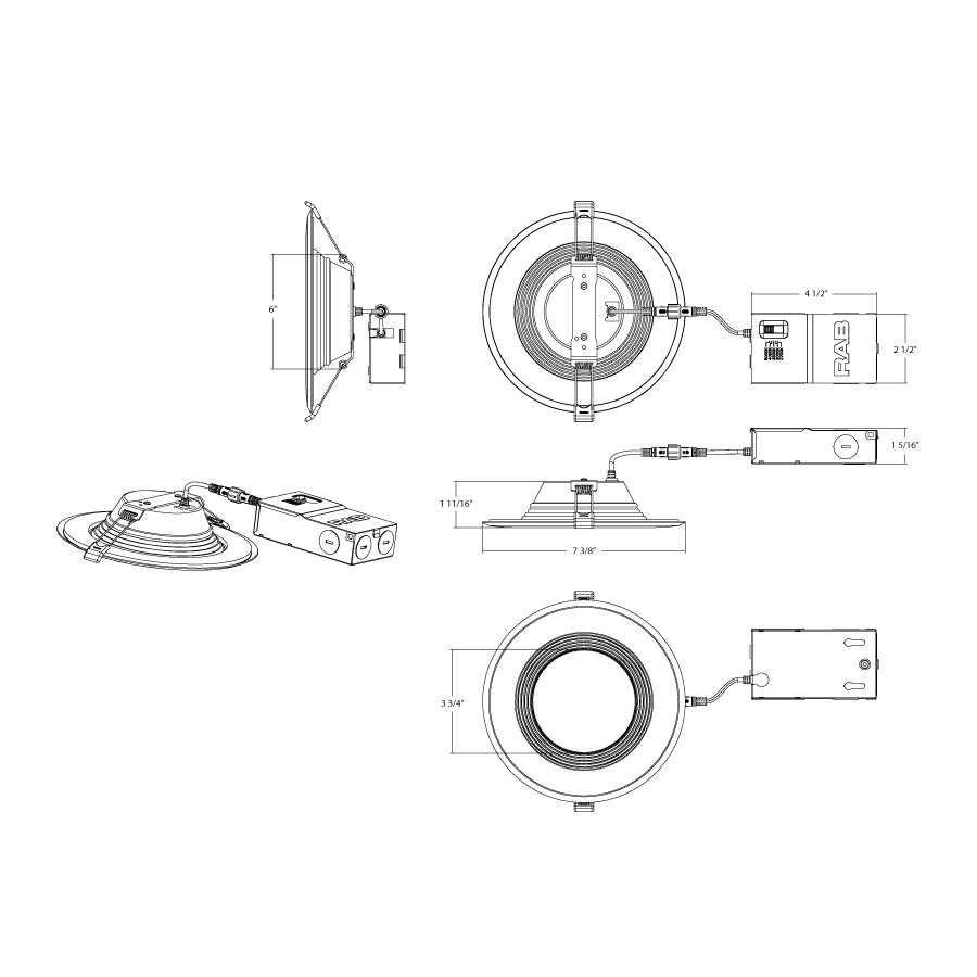 Dimension drawing of the RAB WFD6B WFD6 6in Regressed Wafer Recessed Light – 15W – 1500 Lumens – 2700K–5000K – 120V – Baffle Trim – White Finish – 90+ CRIshowing fixture dimensions and mounting measurements.