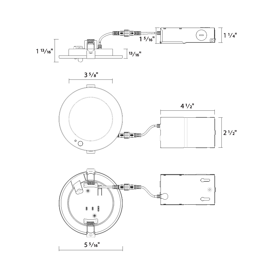 Dimension drawing of the RAB WFR-4R/PIR Edge-Lit Wafer Downlight with PIR Sensor – 4 Inch Round – 9W – 5-CCT Selectable – CRI90 – 120-277V – 750 Lumensshowing fixture dimensions and mounting measurements.