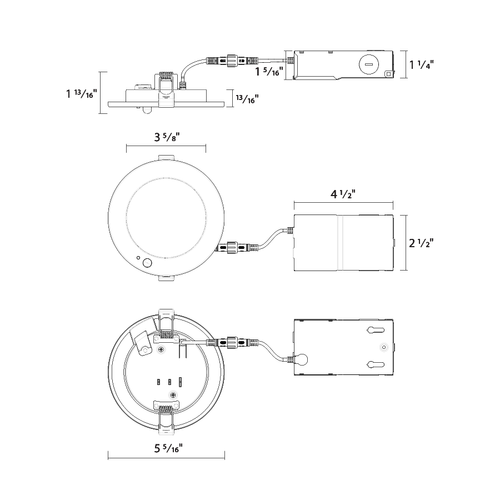 Dimension drawing of the RAB WFR-4R/PIR Edge-Lit Wafer Downlight with PIR Sensor – 4 Inch Round – 9W – 5-CCT Selectable – CRI90 – 120-277V – 750 Lumensshowing fixture dimensions and mounting measurements.