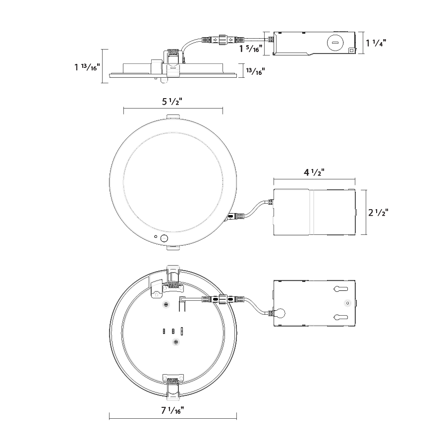 Dimension drawing of the RAB WFR-6R/PIR Edge-Lit Wafer Downlight with PIR Sensor – 6 Inch Round – 13W – 5-CCT Selectable – CRI90 – 120-277V – 1100 Lumensshowing fixture dimensions and mounting measurements.