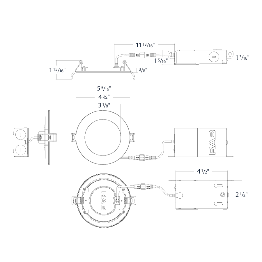 Dimension drawing of the RAB WFR34-4/BP WFR34 4 Inch Edge-Lit Wafer Downlight 12-Pack – Round Smooth Trim – 120V – Triac Dimmable – 650 Lumensshowing fixture dimensions and mounting measurements.