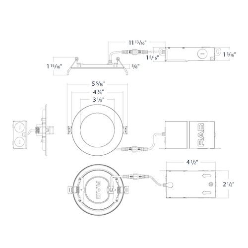 Dimension drawing of the RAB WFR34-4/BP WFR34 4 Inch Edge-Lit Wafer Downlight 12-Pack – Round Smooth Trim – 120V – Triac Dimmable – 650 Lumensshowing fixture dimensions and mounting measurements.