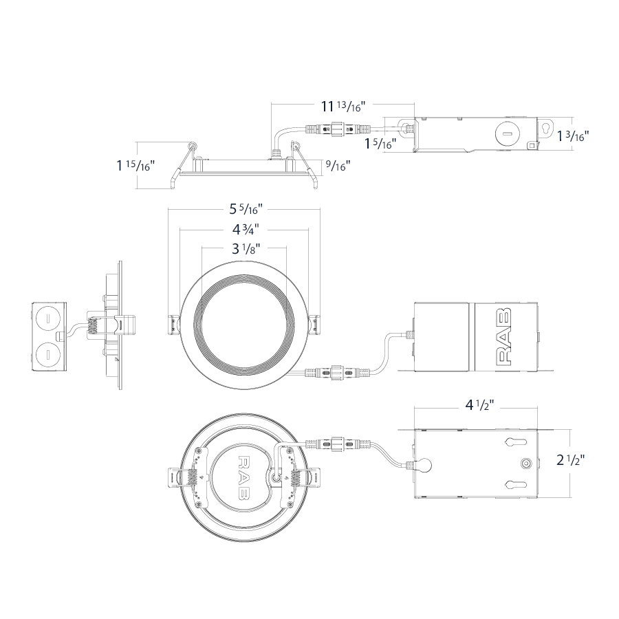 Dimension drawing of the RAB WFR34-4B/BP WFR34 4 Inch Edge-Lit Wafer Downlight 12-Pack – Round Baffle Trim – 120V – Triac Dimmable – 650 Lumensshowing fixture dimensions and mounting measurements.