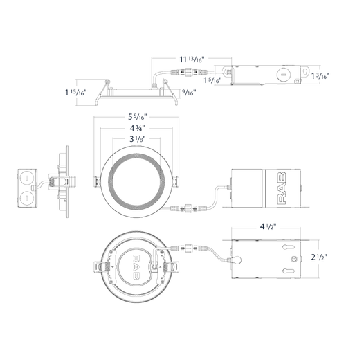 Dimension drawing of the RAB WFR34-4B/BP WFR34 4 Inch Edge-Lit Wafer Downlight 12-Pack – Round Baffle Trim – 120V – Triac Dimmable – 650 Lumensshowing fixture dimensions and mounting measurements.