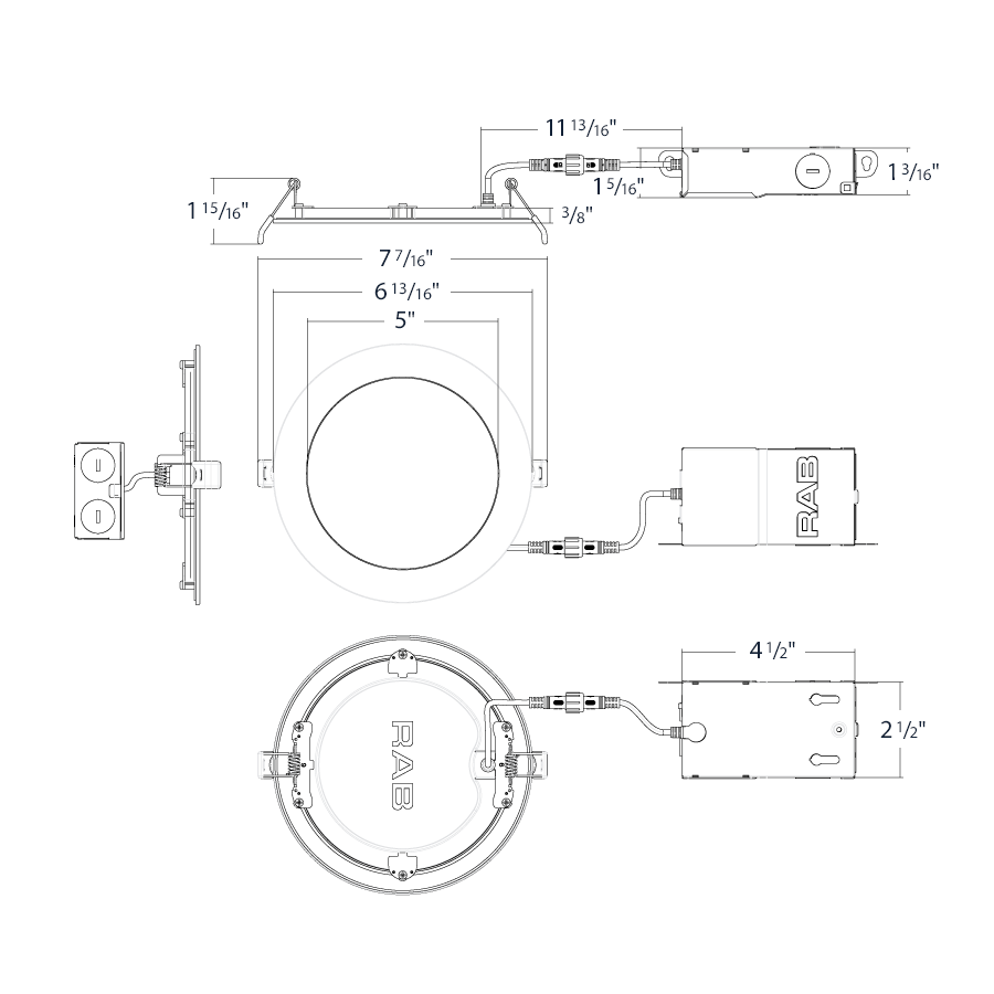 Dimension drawing of the RAB WFR34-6/BP WFR34 6 Inch Edge-Lit Wafer Downlight 12-Pack – Round Smooth Trim – 120V – Triac Dimmable – 1000 Lumensshowing fixture dimensions and mounting measurements.