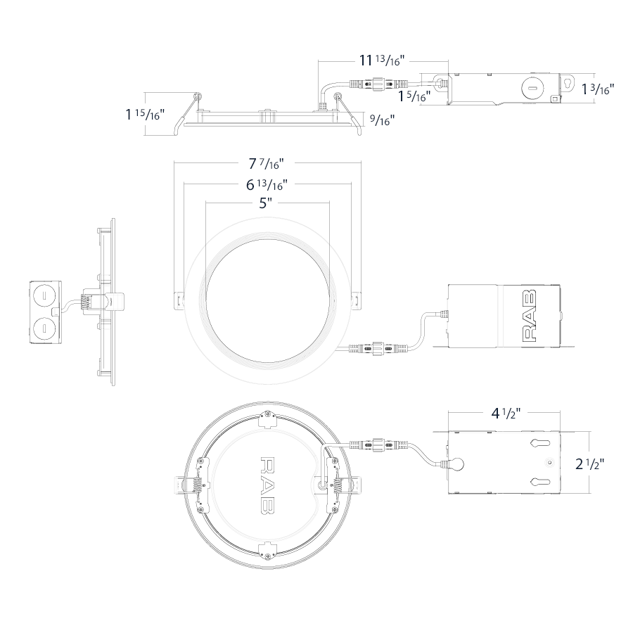 Dimension drawing of the RAB WFR34-6B/BP WFR34 6 Inch Edge-Lit Wafer Downlight 12-Pack – 13W – Round Baffle Trim – 120V – Triac Dimmable – 1000 Lumensshowing fixture dimensions and mounting measurements.
