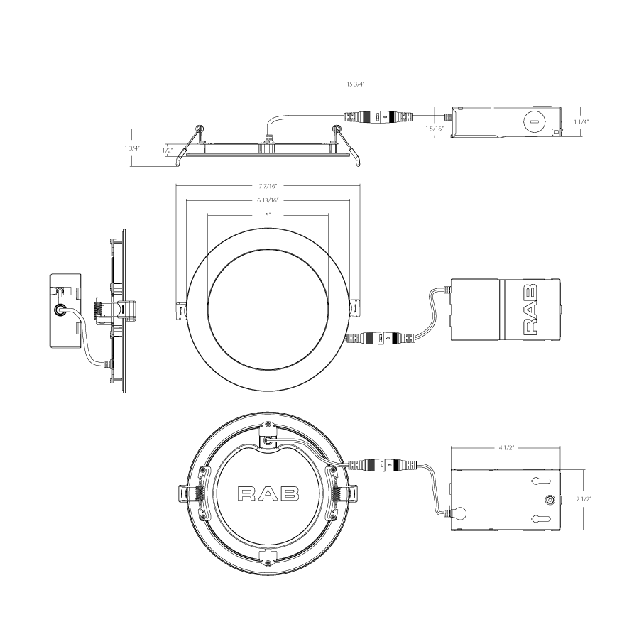 Dimension drawing of the RAB WFR6/RGB Edge-Lit Wafer RGB Downlight – 6 Inch – 13W – RGB Color Changing – CRI90 – White Smooth Trim – 120V – 850 Lumensshowing fixture dimensions and mounting measurements.