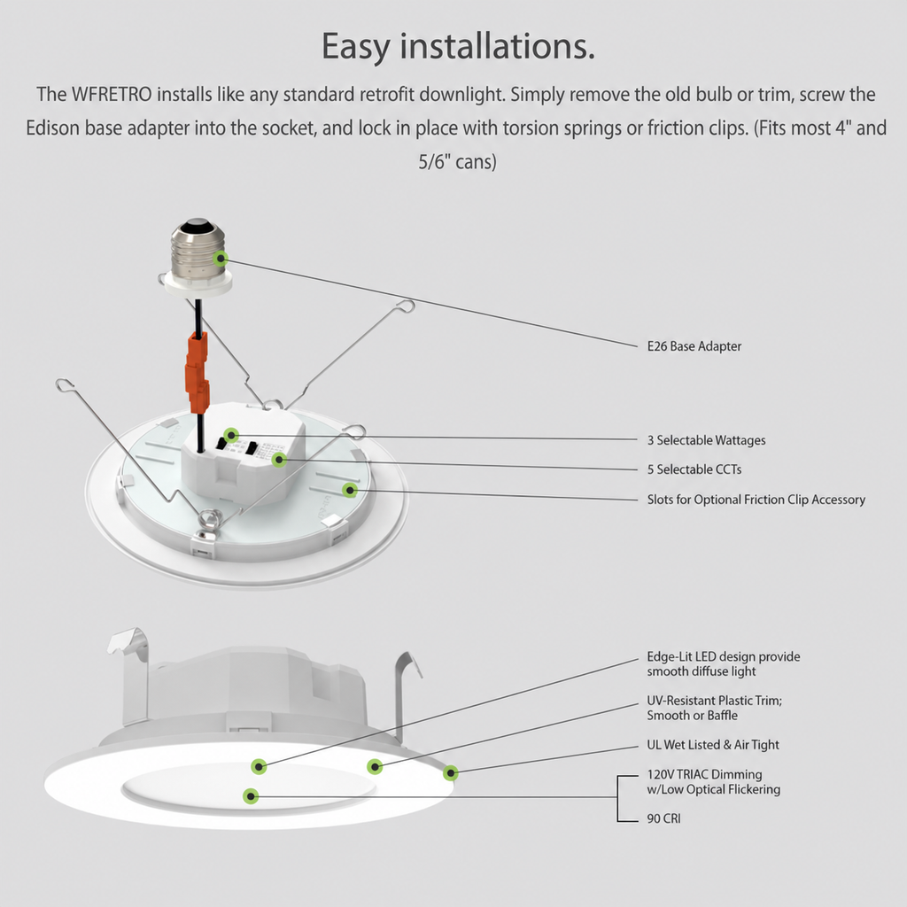 RAB WFRETRO4B WFRETRO 4" Wafer Retrofit Downlight - 525-835 Lumens - 6W-10W Selectable Wattage - 120V - 5CCT Selectable - Baffle Trim - White