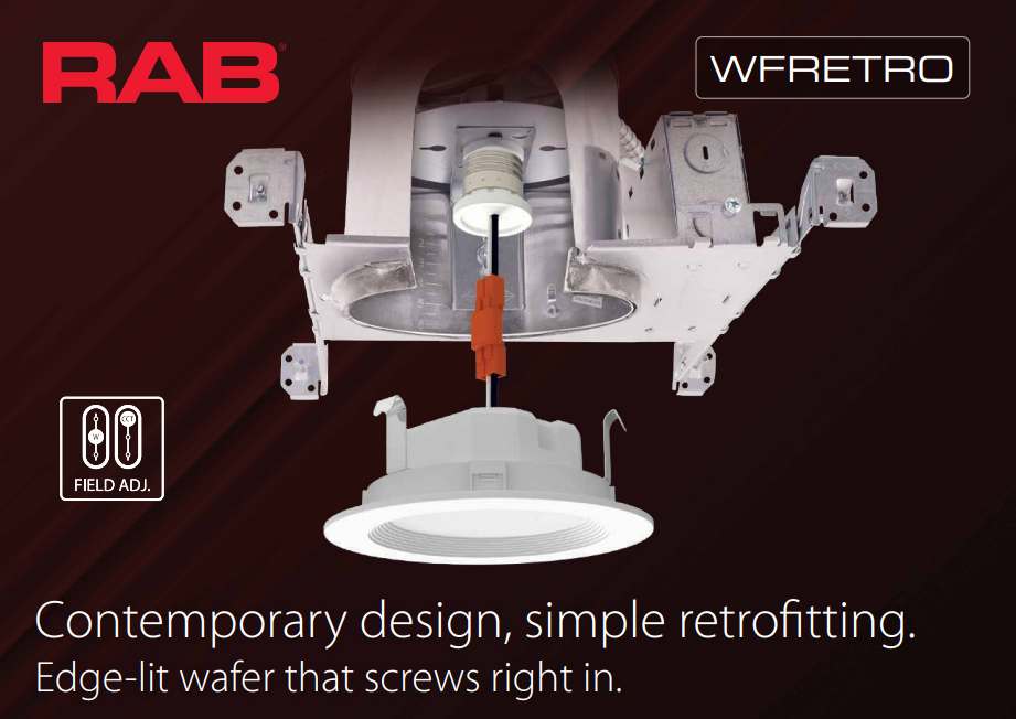RAB WFRETRO4B WFRETRO 4" Wafer Retrofit Downlight - 525-835 Lumens - 6W-10W Selectable Wattage - 120V - 5CCT Selectable - Baffle Trim - White