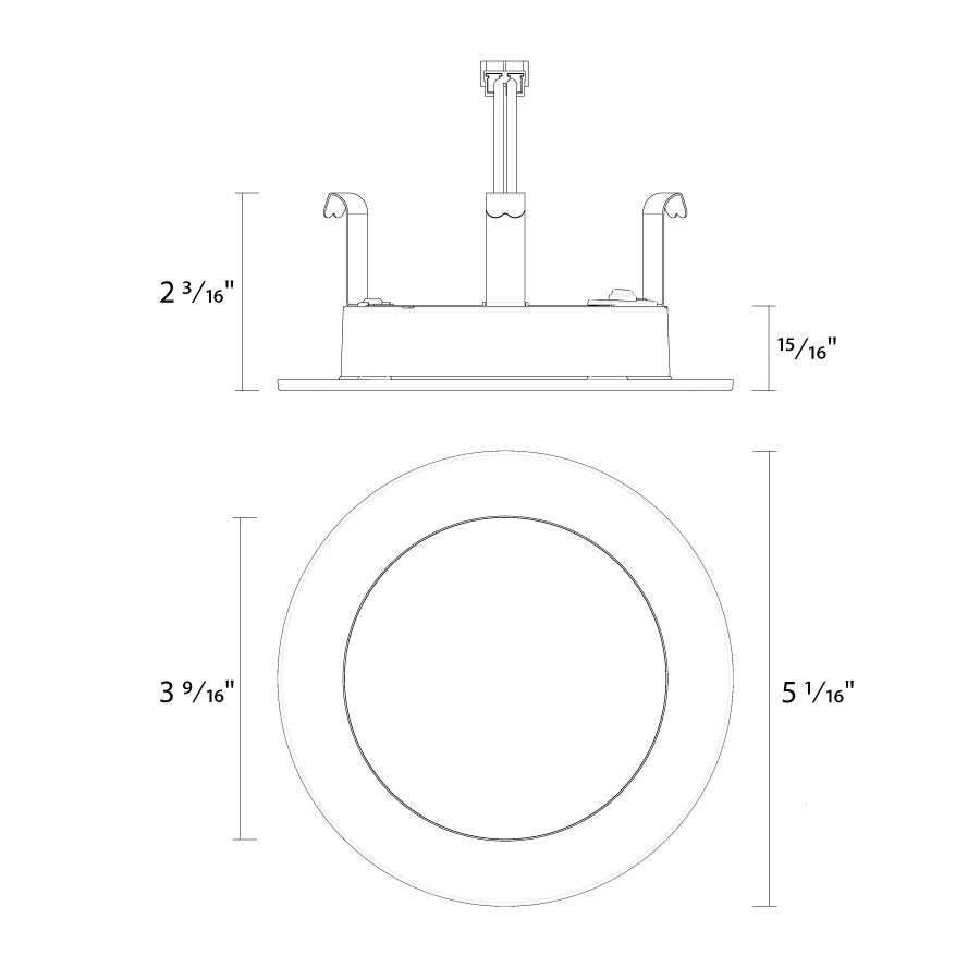 Dimension drawing of the RAB WFRETRO34-4-B WFRETRO34 4" Wafer Retrofit Downlight - 800 Lumens - 8W - 120V - 5CCT Selectable - Smooth Trim - Blackshowing fixture dimensions and mounting measurements.