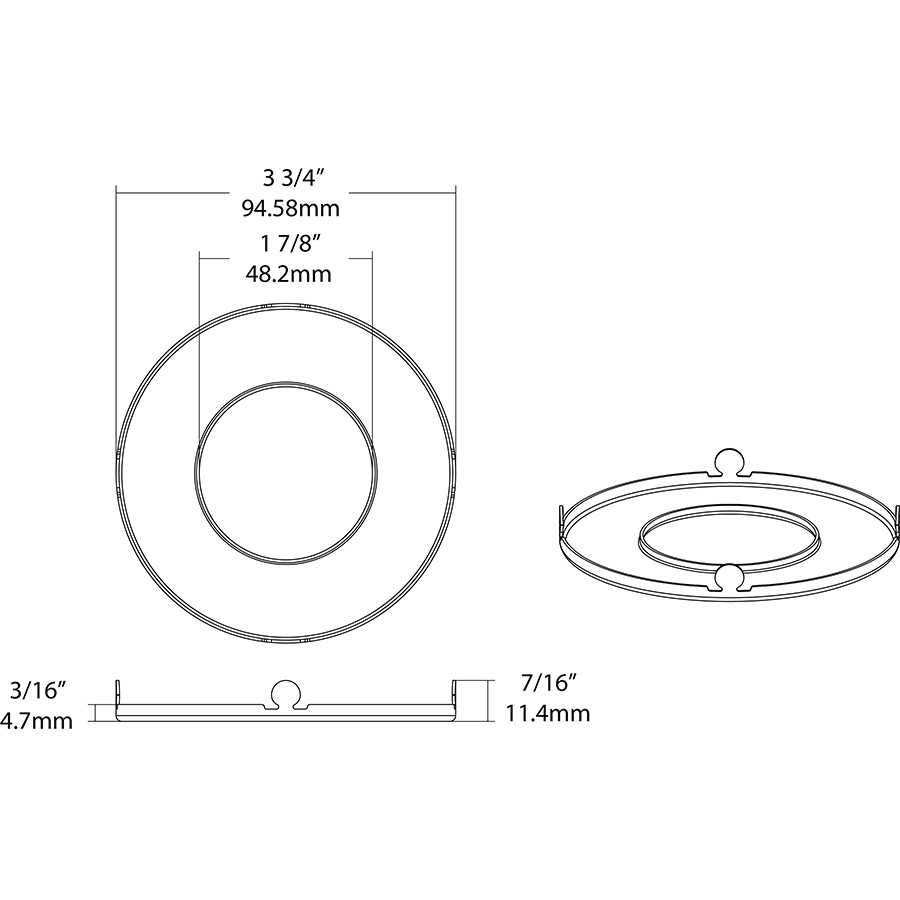 Dimension drawing of the RAB WFRL-TRIM-3R-BNS WFRL 3 Inch Wafer Trim – Smooth – Brushed Nickelshowing fixture dimensions and mounting measurements.