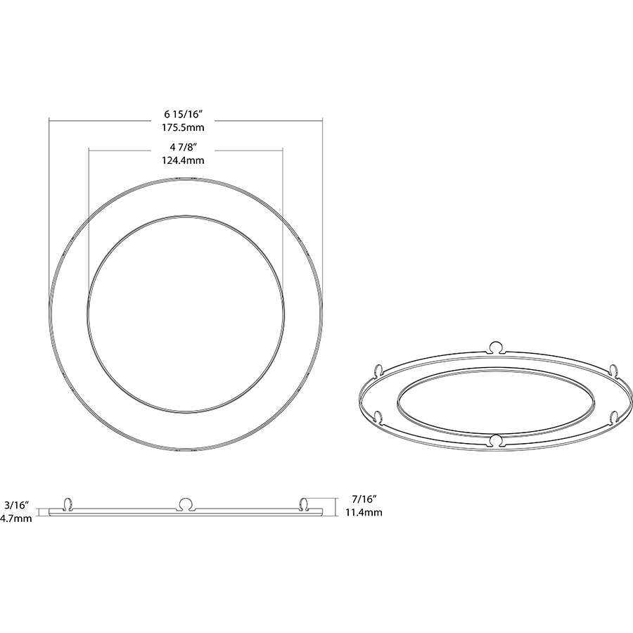Dimension drawing of the RAB WFRL-TRIM-6R-BNS WFRL 6 Inch Wafer Trim – Smooth – Brushed Nickelshowing fixture dimensions and mounting measurements.